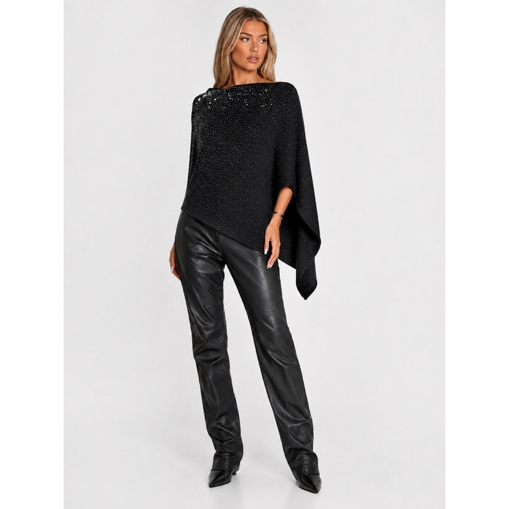 La Fiorentina Black Rhinestone Studded Asymmetrical Knit Poncho Wrap Wrap Top
